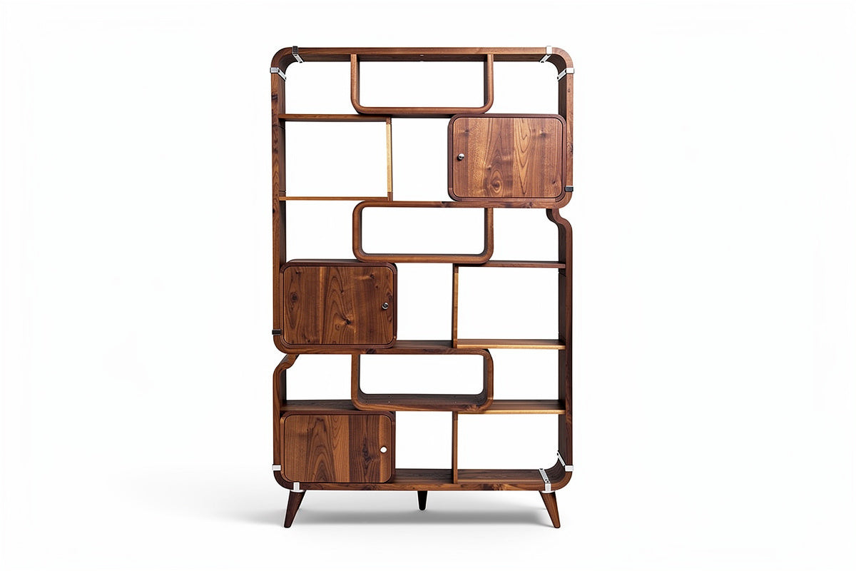 Moderne houten boekenplank met unieke geometrische indeling