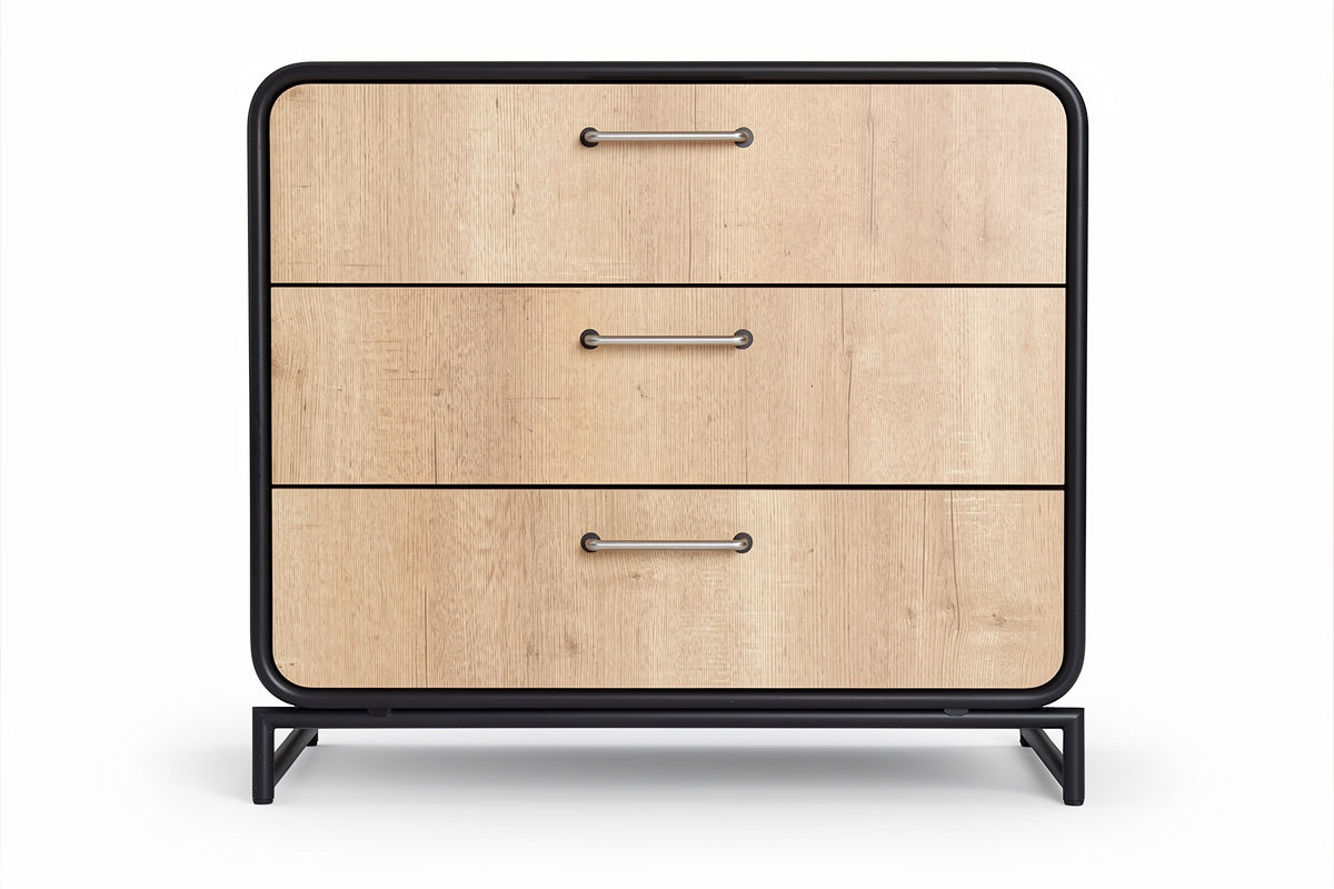 Moderne dressoir met drie lades van hout en metalen frame