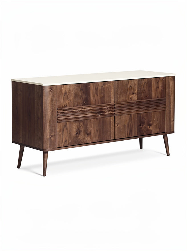Moderne houten dressoir met witte top en verticale lijnen