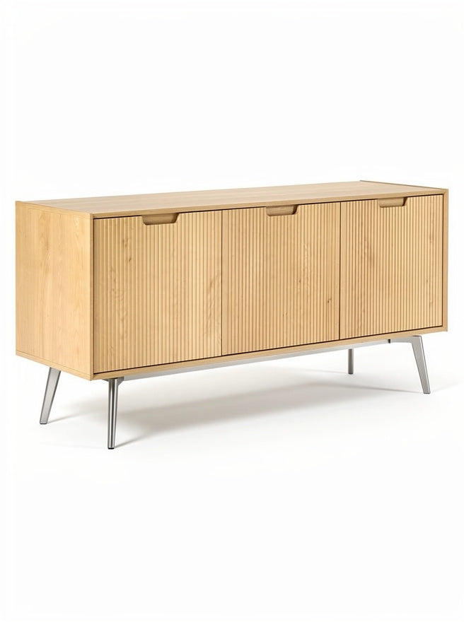 Moderne Eiken Houten Dressoir met Gestreepte Deuren en Metaal Onderstel